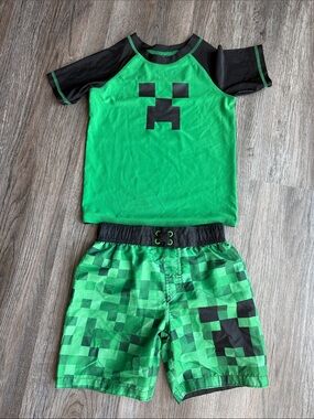 Minecraft Kids Swim Shorts and Rash Guard Set - Green & Black